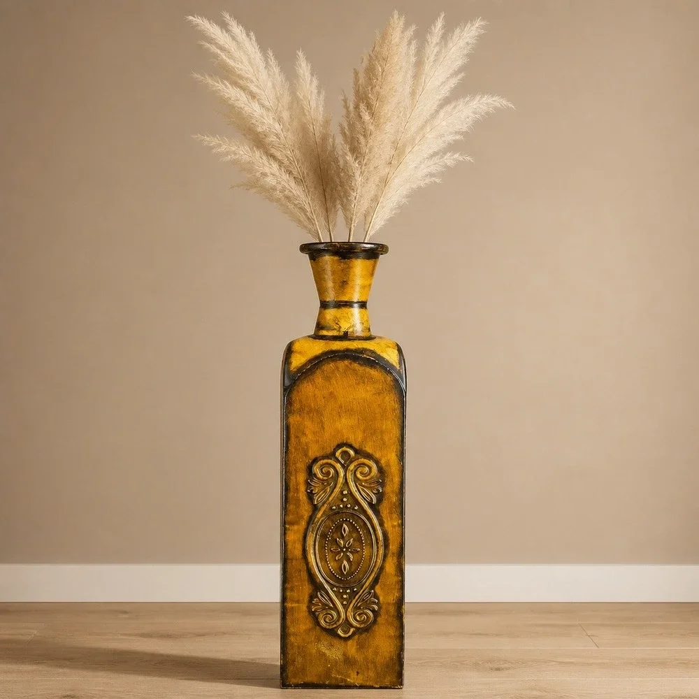Embossed Metal Floor Vase Yellow Distressed Large 30